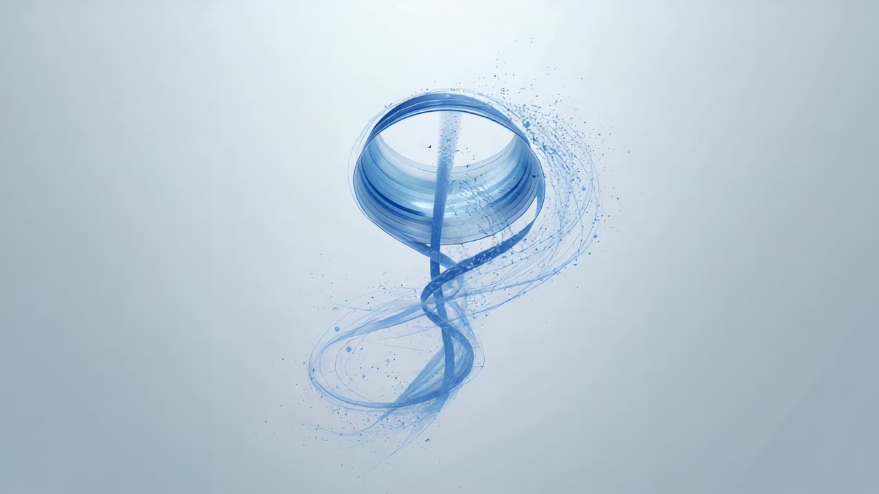 Unfurling after hollow ring release, clear blue ribbon spiraling in studio, with shaft and droplets