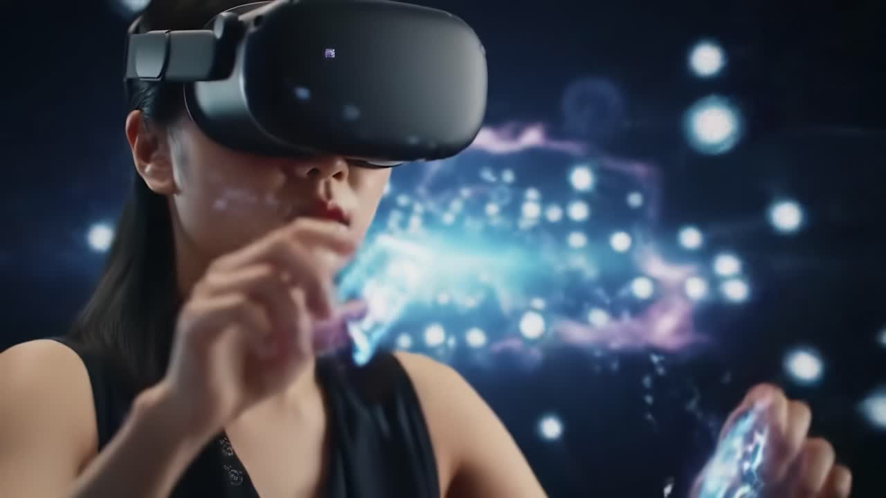 A woman engages with virtual reality technology, using hand gestures to interact with a digital environment filled with glowing elements. This activity demonstrates the latest advancements in VR.