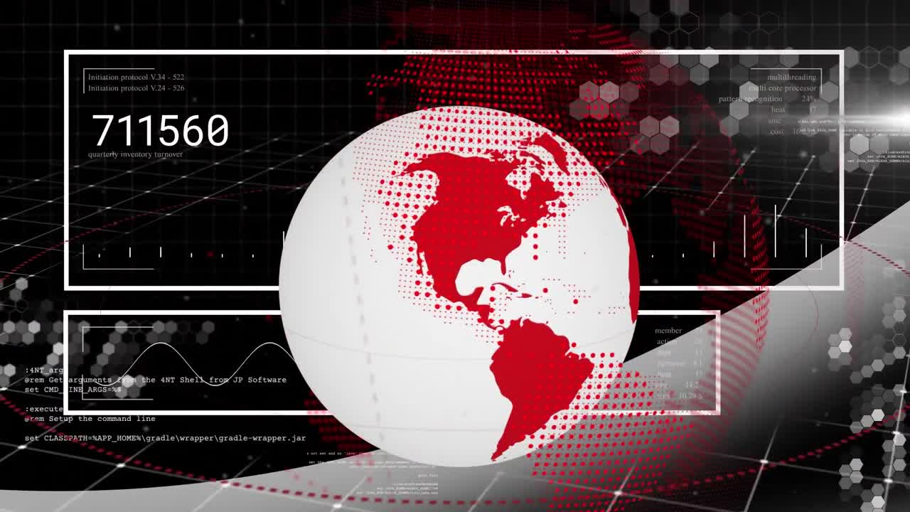 animación del procesamiento de datos y globo sobre globo en fondo oscuro