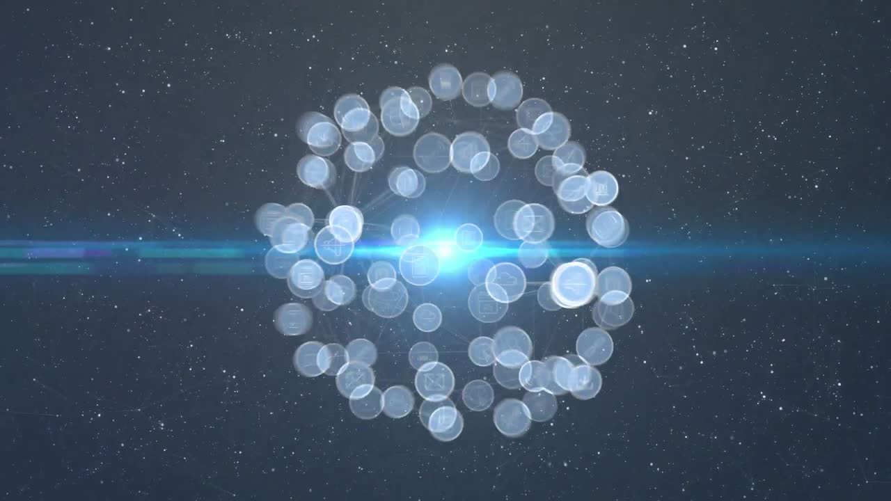 원활한 루프로 움직이는 아이콘과 함께 회전하는 지구를 형성하는 연결 네트워크의 애니메이션