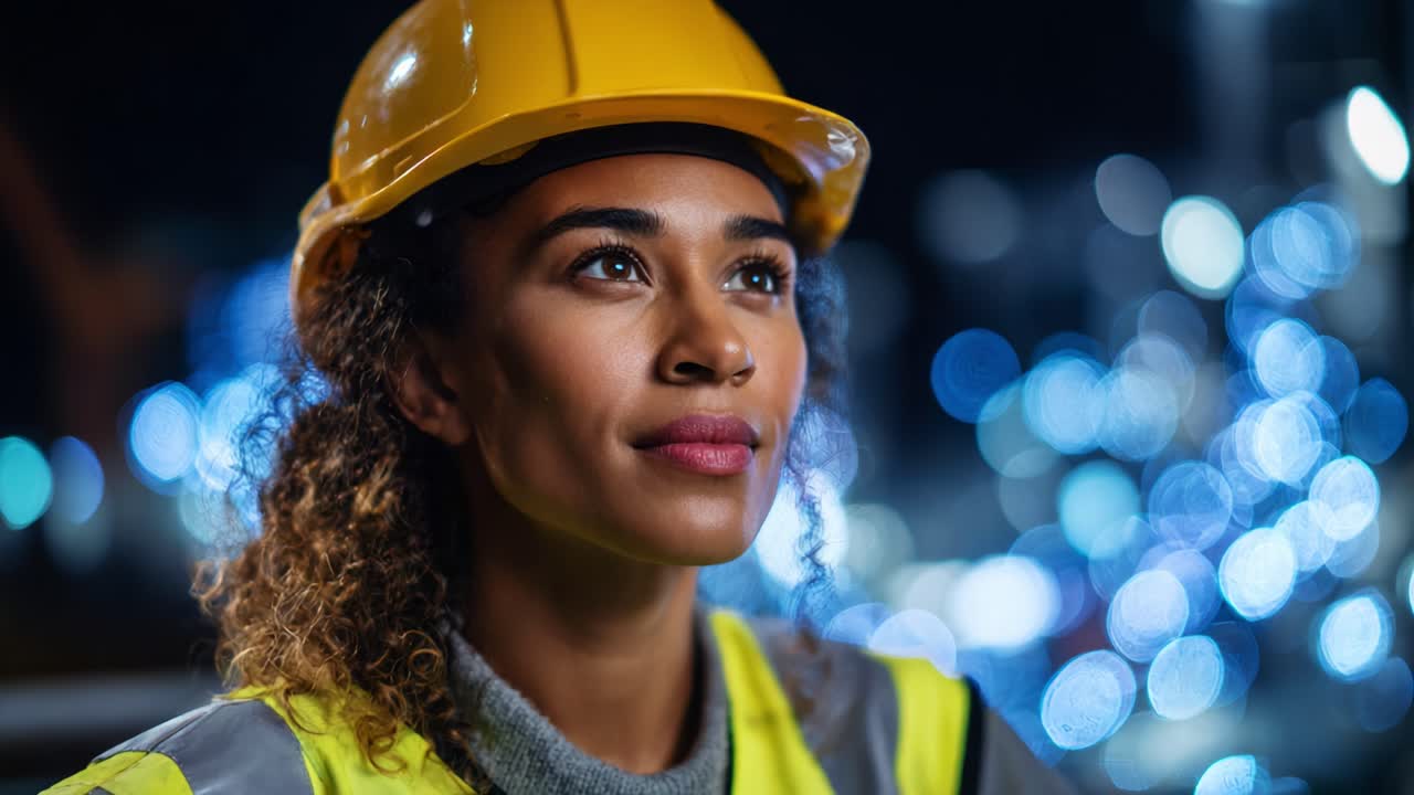 A thoughtful construction worker in a safety helmet gazes into the distance, reflecting on her work at a bustling construction site illuminated by city lights