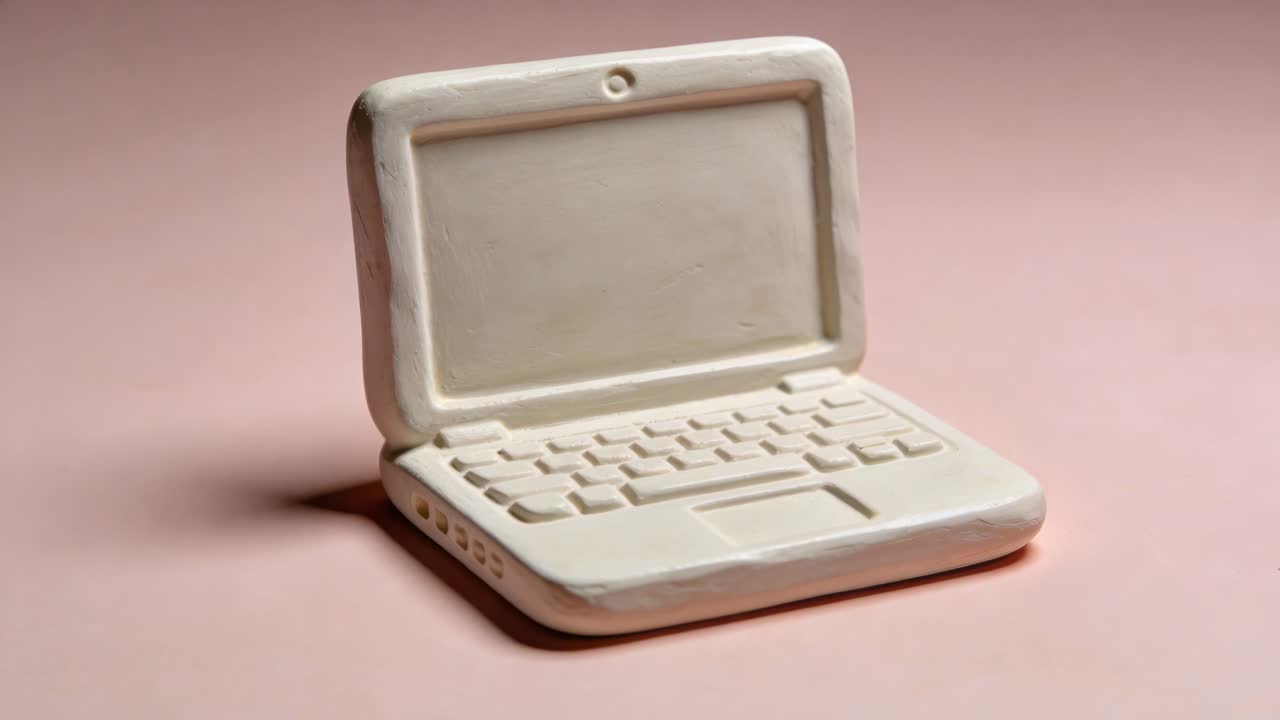 Dollying camera bringing handcrafted white clay laptop closer on pink tabletop for product showcase