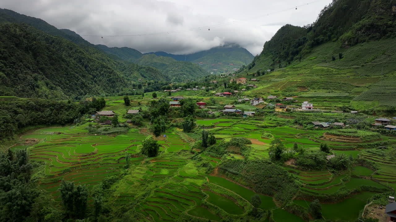 Sapa valley, rural landscape, North-west region of Vietnam. Aerial forward, panoramic view