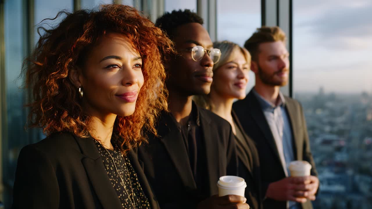 Un gruppo eterogeneo di professionisti che si godono un caffè e una conversazione mentre ammirano lo skyline della città durante un bellissimo tramonto, catturando momenti di connessione e ispirazione con espressioni radiose