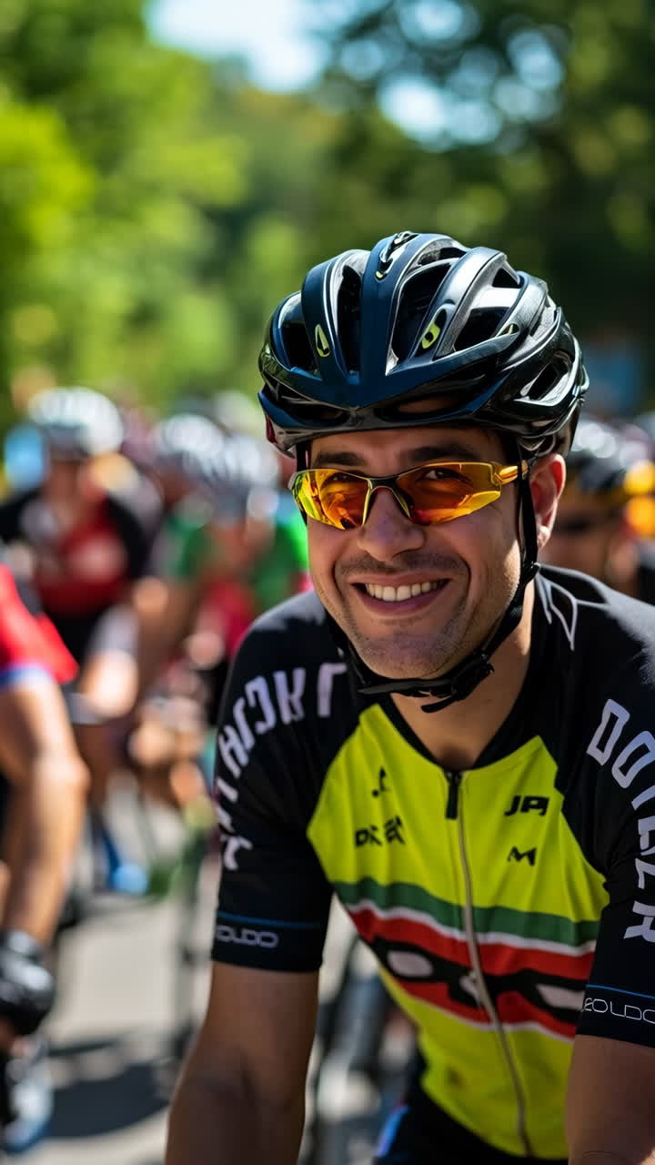 Close-up portrait of a male cyclist smiling during a race
