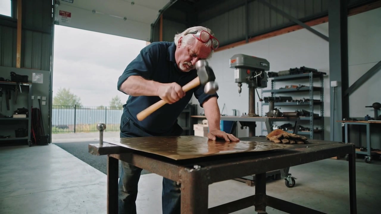 Erfahrener Schmied in marineblauem Hemd hämmert in einer Werkstatt mit der linken Hand Blech mit einem Holzhammer, um Metall zu formen.
