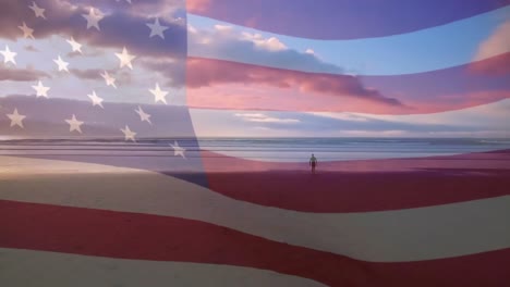 Digital-composition-of-waving-us-flag-against-man-walking-on-the-beach