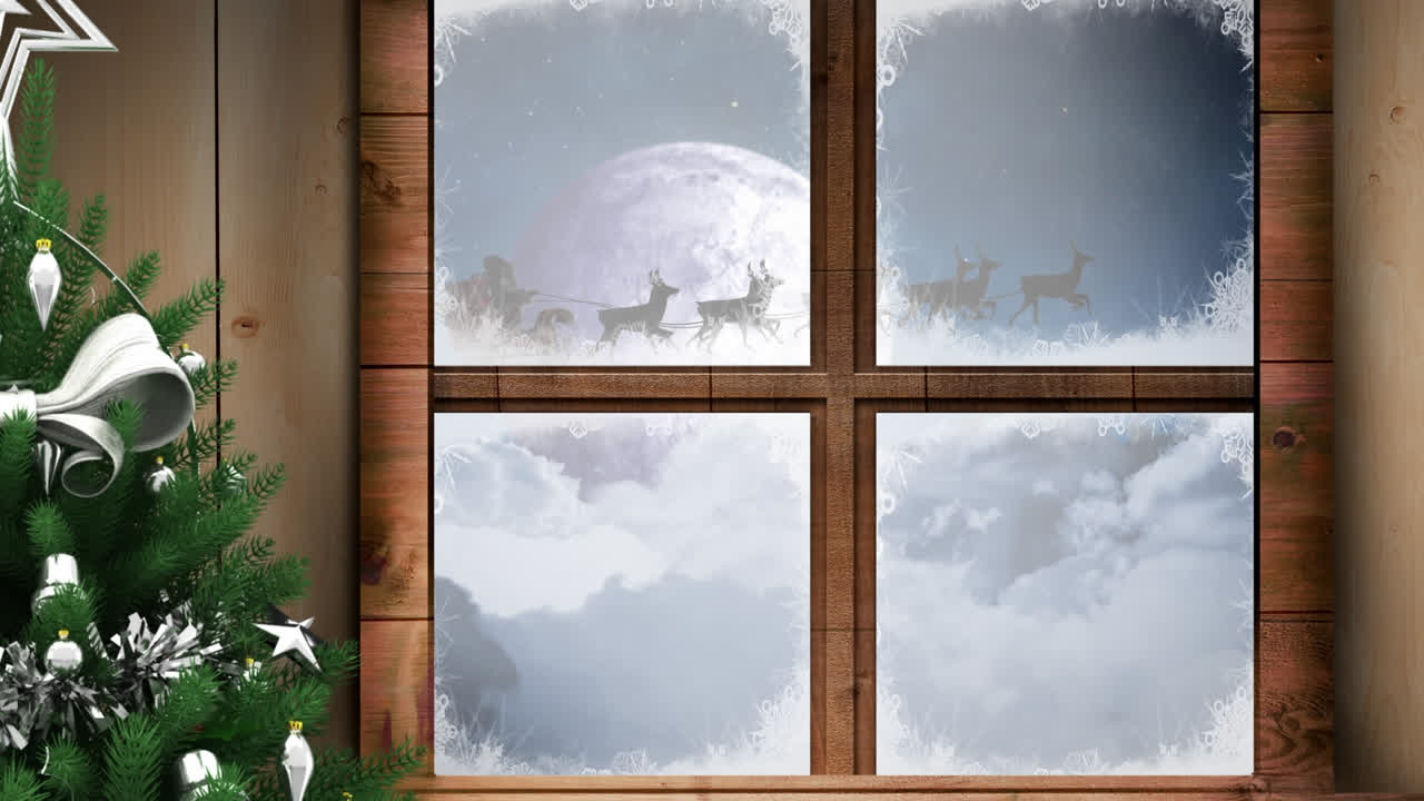 Animation af vinterlandskab med julepynt set gennem et vindue.
