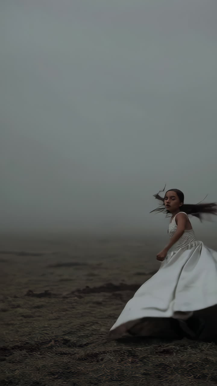 niña con vestido blanco en la niebla