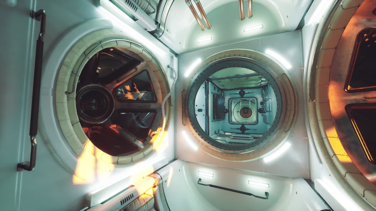 Interior view of a spacecraft module in orbit showcasing advanced technology