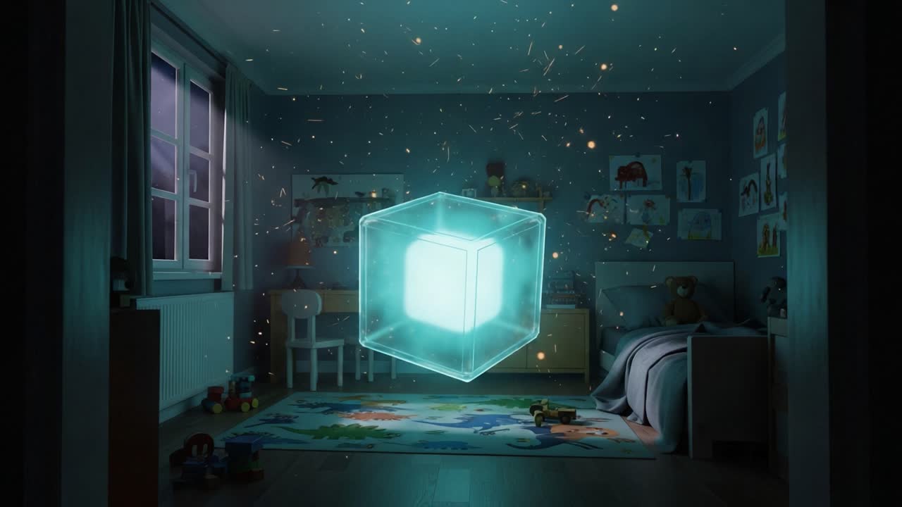 A Mysterious Floating Cube Illuminates a Kid's Bedroom, Surrounded by Magical Particles and Toys in an Enchanting Atmosphere