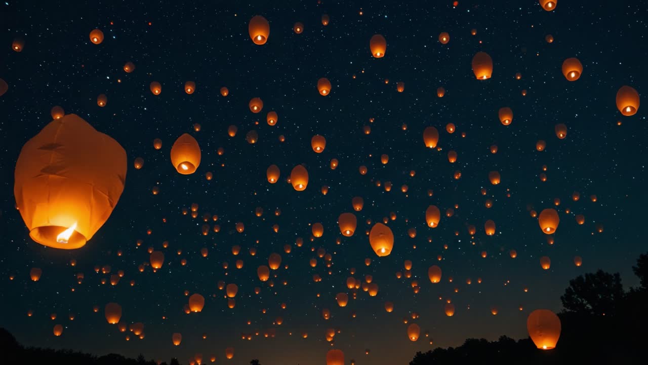 A Mesmerizing Display of Floating Lanterns Against a Starlit Sky, Creating a Dreamlike Atmosphere of Peace and Serenity, Perfect for Celebrations and Reflections