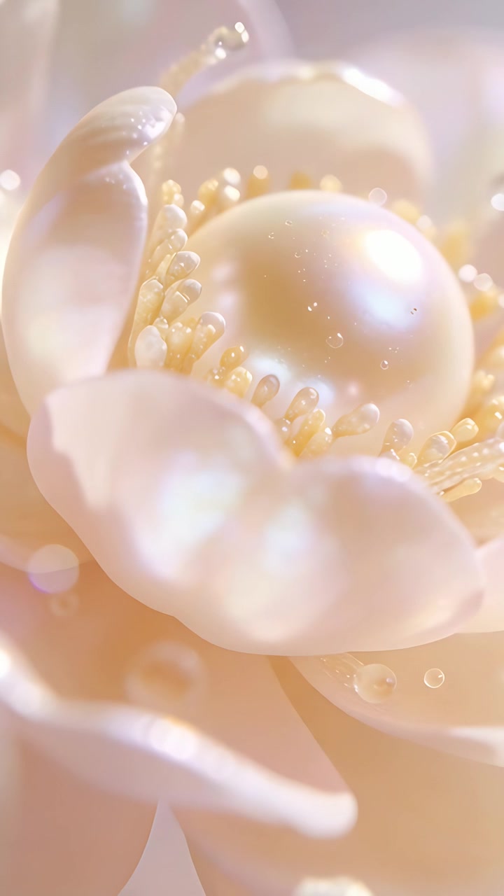 Video verticale: Luce mutevole che sfiora un fiore color crema che si muove in macro, rivelando una sfera di perla e gocce.