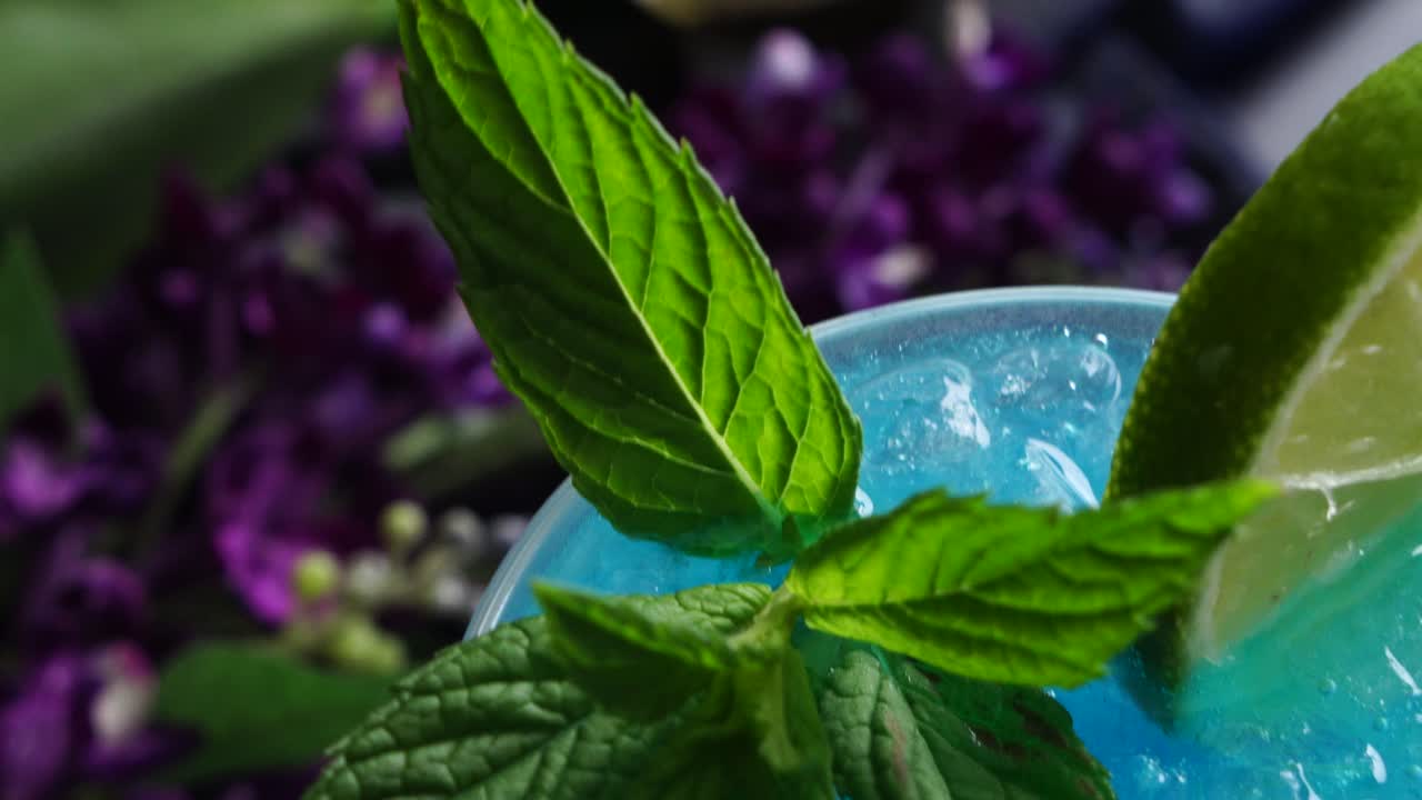 Vibrant cocktail with a striking blue hue from blue curacao, mixed with the zesty of lime juice. Vodka adds a smooth, bold finish, garnished with a lime wheel and fresh mint for a refreshing twist.