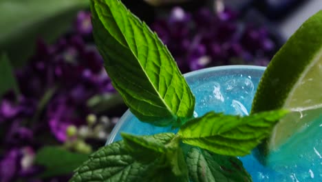vibrant cocktail with a striking blue hue from blue curacao, mixed with the zesty of lime juice. vodka adds a smooth, bold finish, garnished with a lime wheel and fresh mint for a refreshing twist.