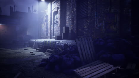 abandoned alleyway illuminated by streetlight at night with scattered debris