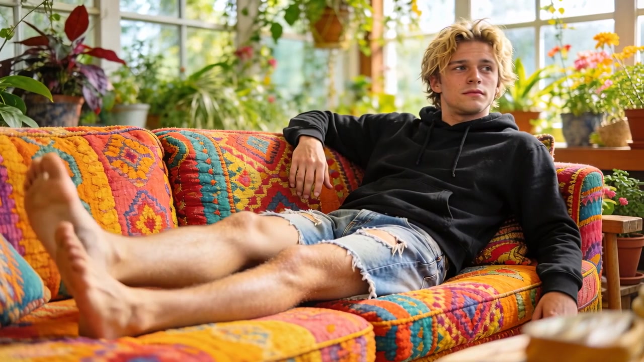 Reclining male hoodie waking, rocking legs sitting up, glancing right on colorful sofa with plants