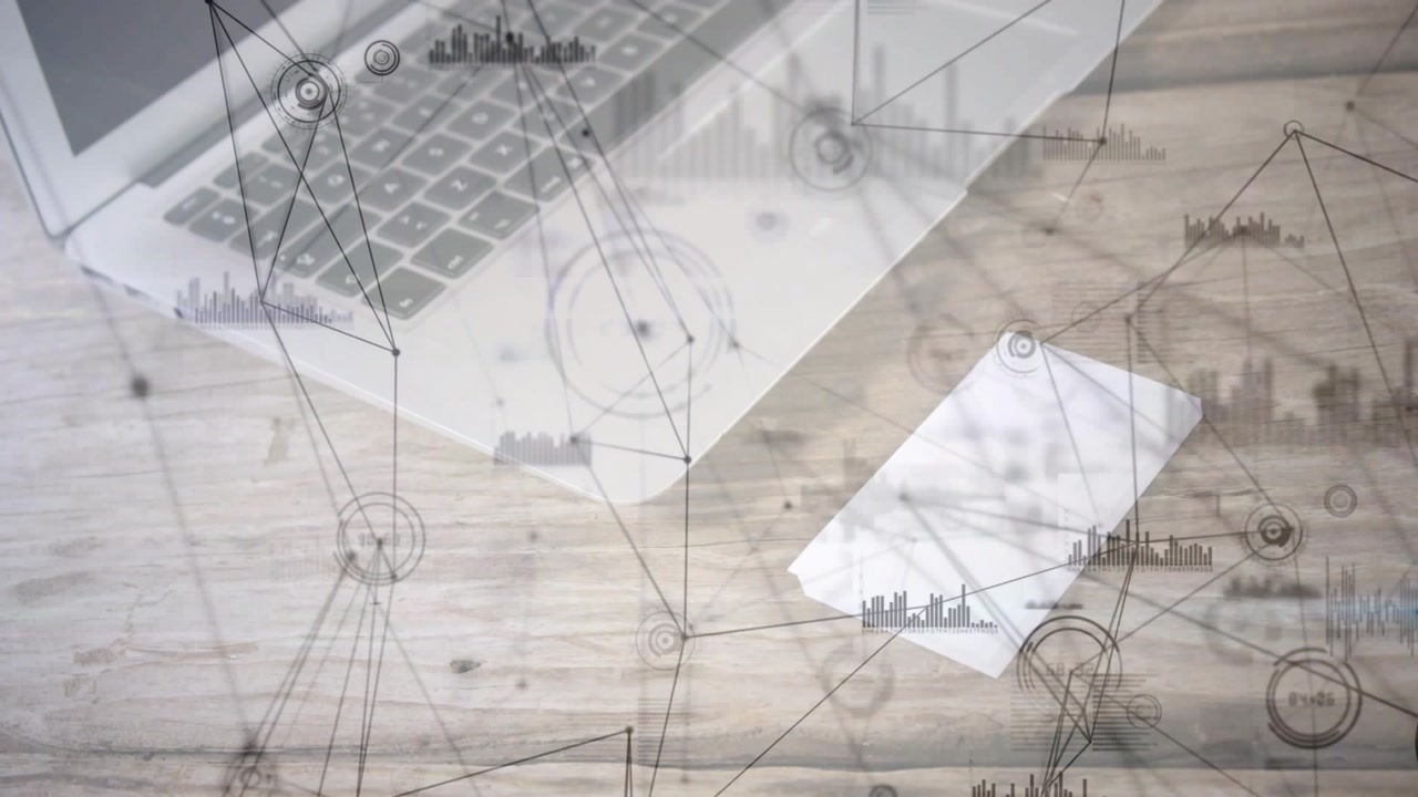 Silver laptop and white device initiating network scan, HUD nodes connecting, pulsing, settling