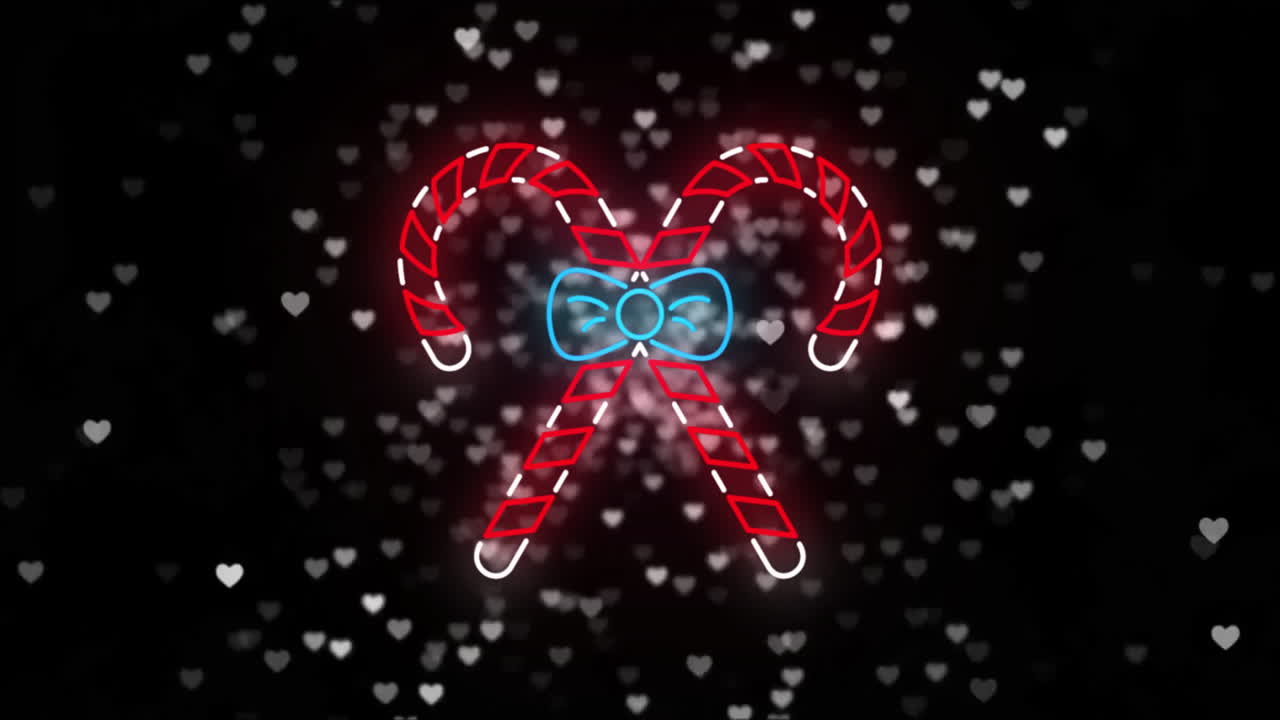 Animation of white hearts and neon candy canes on black background