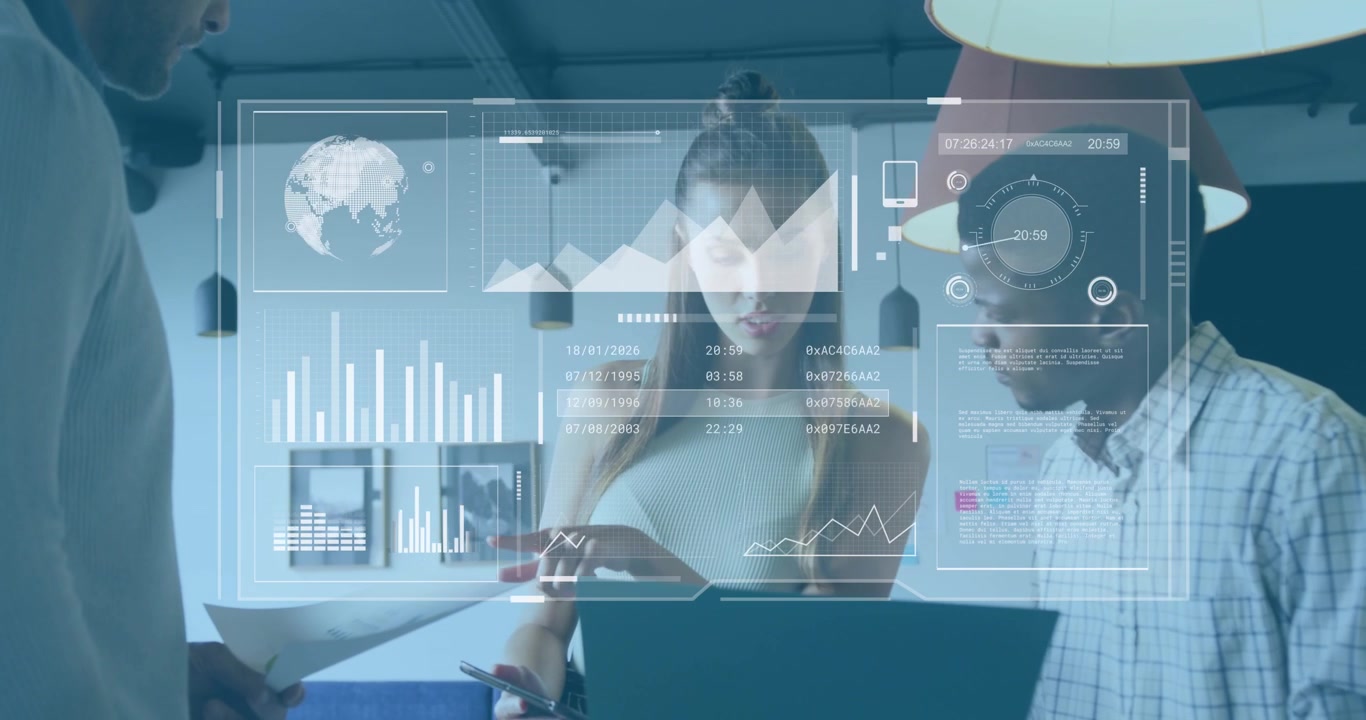 Animation of graphs, globe and loading bars over diverse coworkers discussing reports on laptop