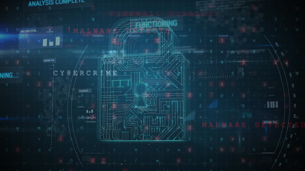 Animation of cyber attack warning, online security padlock and data processing