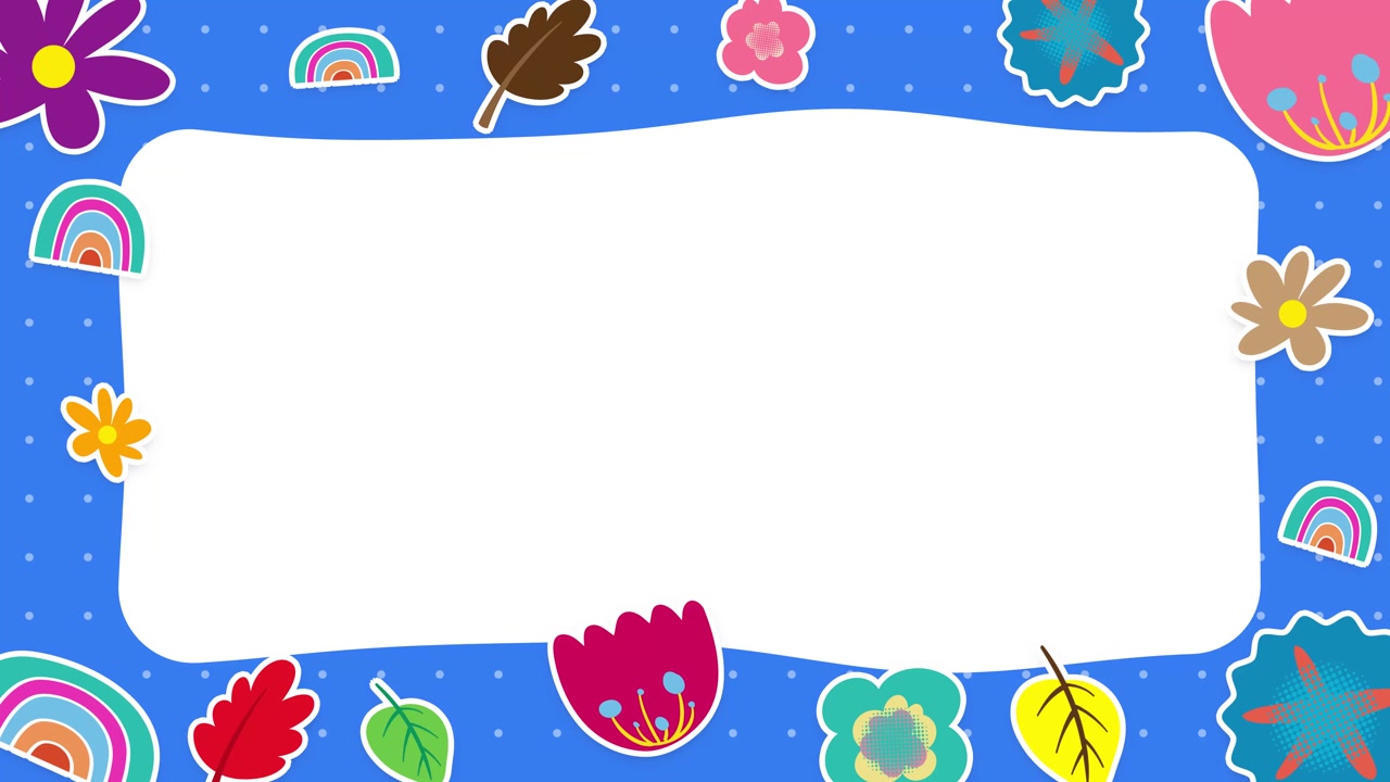 Loop de borda floral animada com rabiscos coloridos, folhas e arco-íris ao redor de um espaço em branco para texto