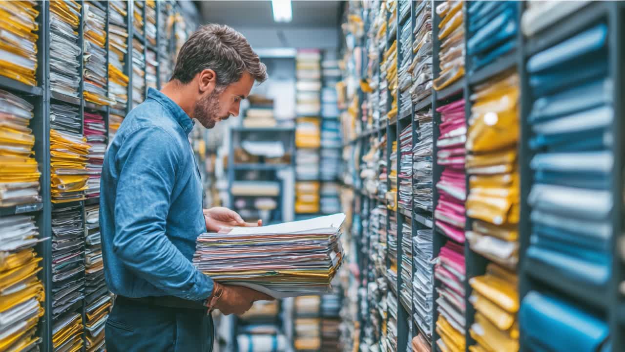 Un individuo concentrado clasifica una extensa colección de documentos organizados en un espacio de archivo bien iluminado, destacando la importancia de una gestión cuidadosa de los registros