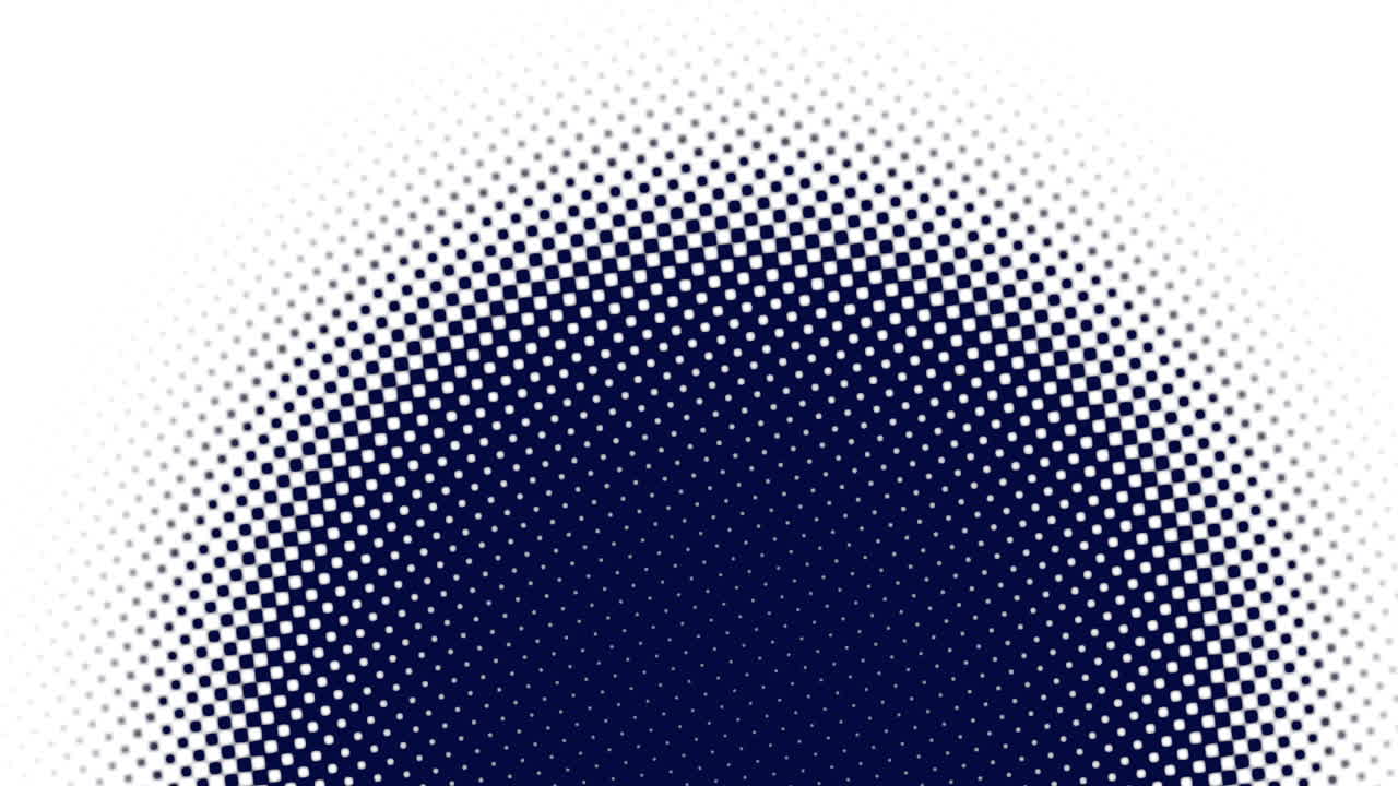 An intricate halftone pattern of white and blue dots forms a circular design, creating a dynamic 3D illusion with a sense of depth and motion