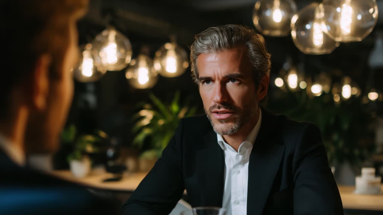 In a dimly lit, modern indoor setting, a distinguished man in a sharp black suit engages in a serious conversation, illuminated by warm pendant lights, emphasizing an atmosphere of intensity and focus