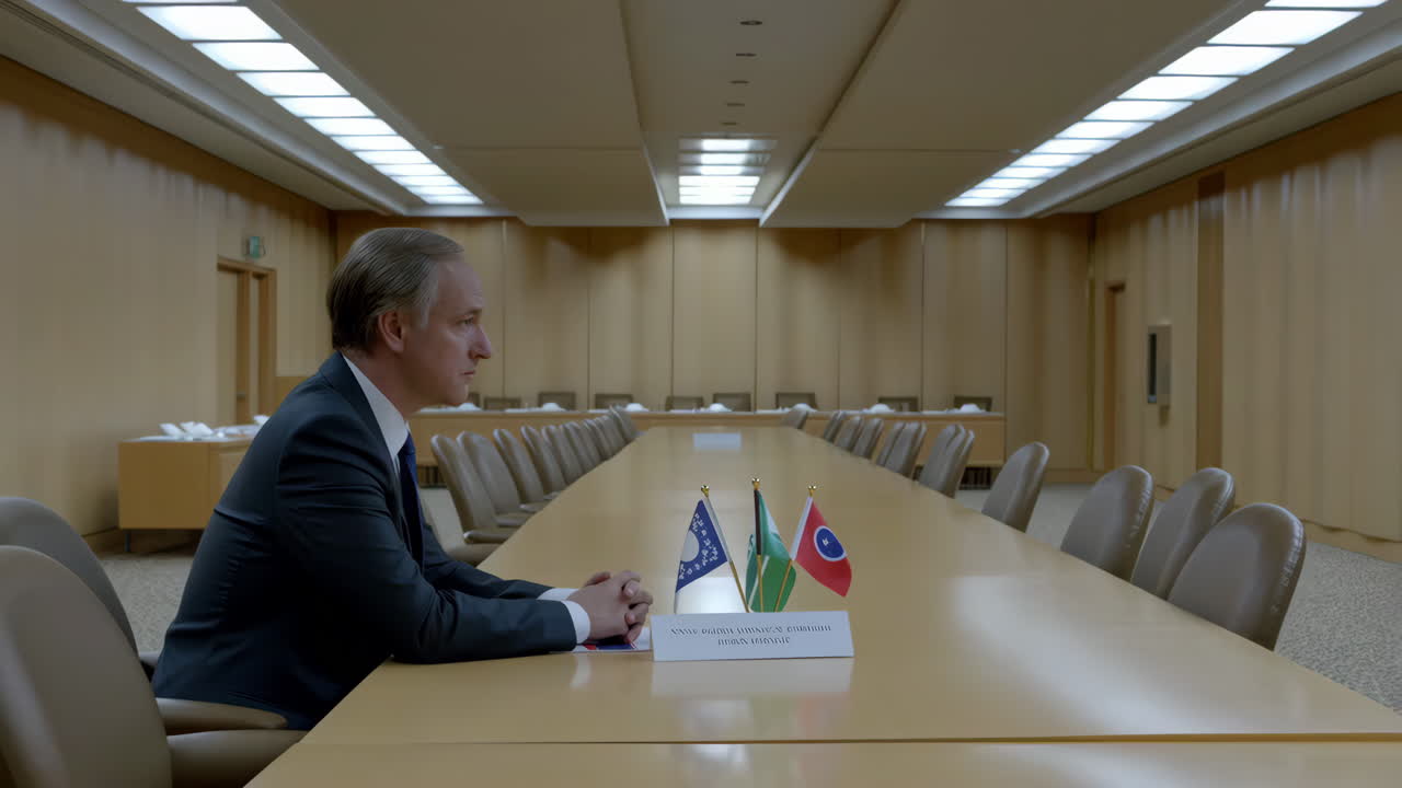Businessman Alone at a Large Conference Table with Flags