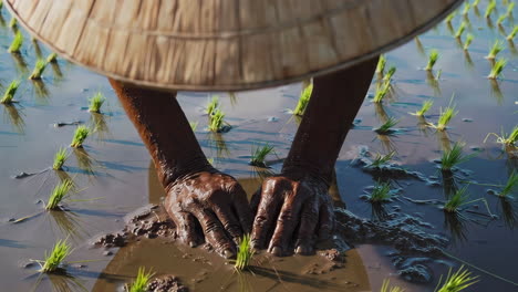 hands planting rice seedlings in a paddy field