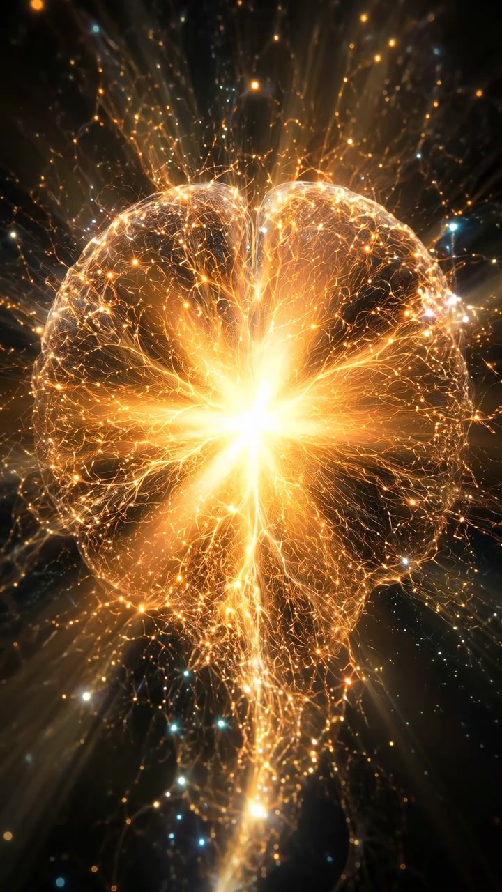 Partículas douradas brilhantes irradiam para fora de um brilho central enquanto fluxos em espiral constroem uma forma luminosa arredondada, com iluminação de alto contraste e um fundo escuro criando uma composição energética abstrata.