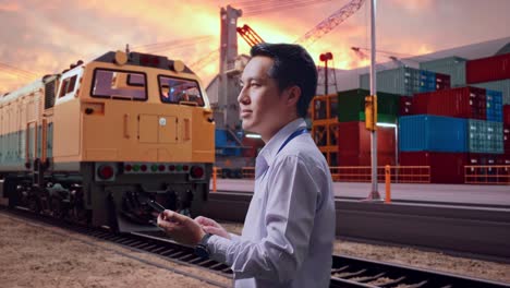 side view of an asian male professional worker standing with freight cargo train at port, observes by looking up then he come to concentrating on the phone