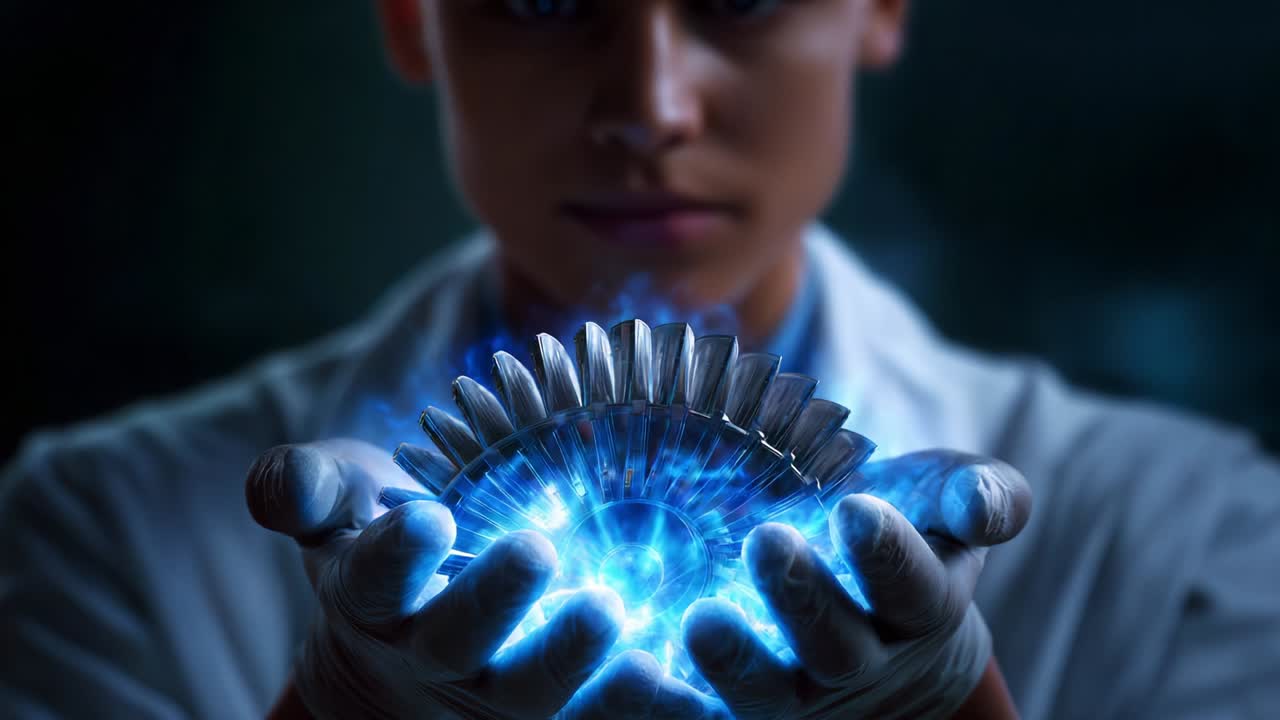 A scientist explores the fusion of technology and energy as they hold a glowing, intricate device in their hands, showcasing an awe-inspiring blend of innovation and possibilities within the realm of scientific discovery