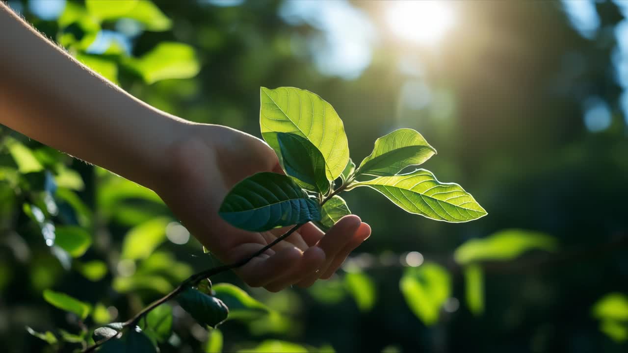 Hand holding fresh green leaves in sunlight