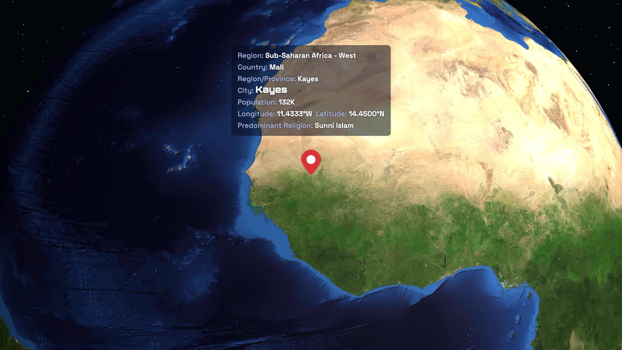 Digital animation zooms from space into West Africa, highlighting Kayes, Mali with informational text