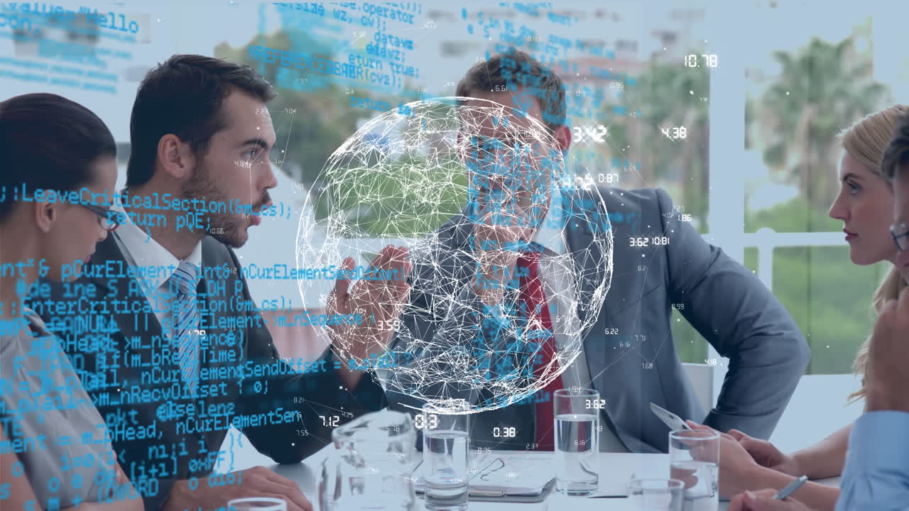 animación del procesamiento de datos y el mundo sobre diversas personas de negocios