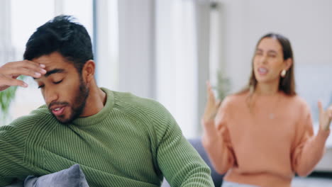 couple conflict, home and stress on sofa