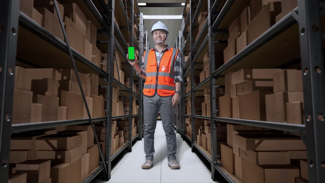 cuerpo lleno de ingeniero masculino asiático con casco de seguridad de pie en el almacén con estantes llenos de bienes de entrega. sonriendo y mostrando pantalla verde teléfono inteligente a la cámara en el almacenamiento