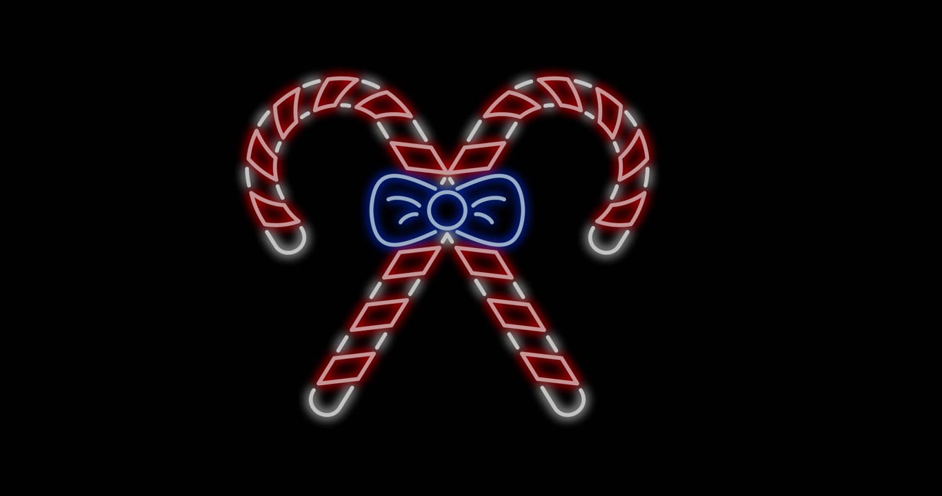 Animazione di caramelle natalizie al neon su sfondo nero.