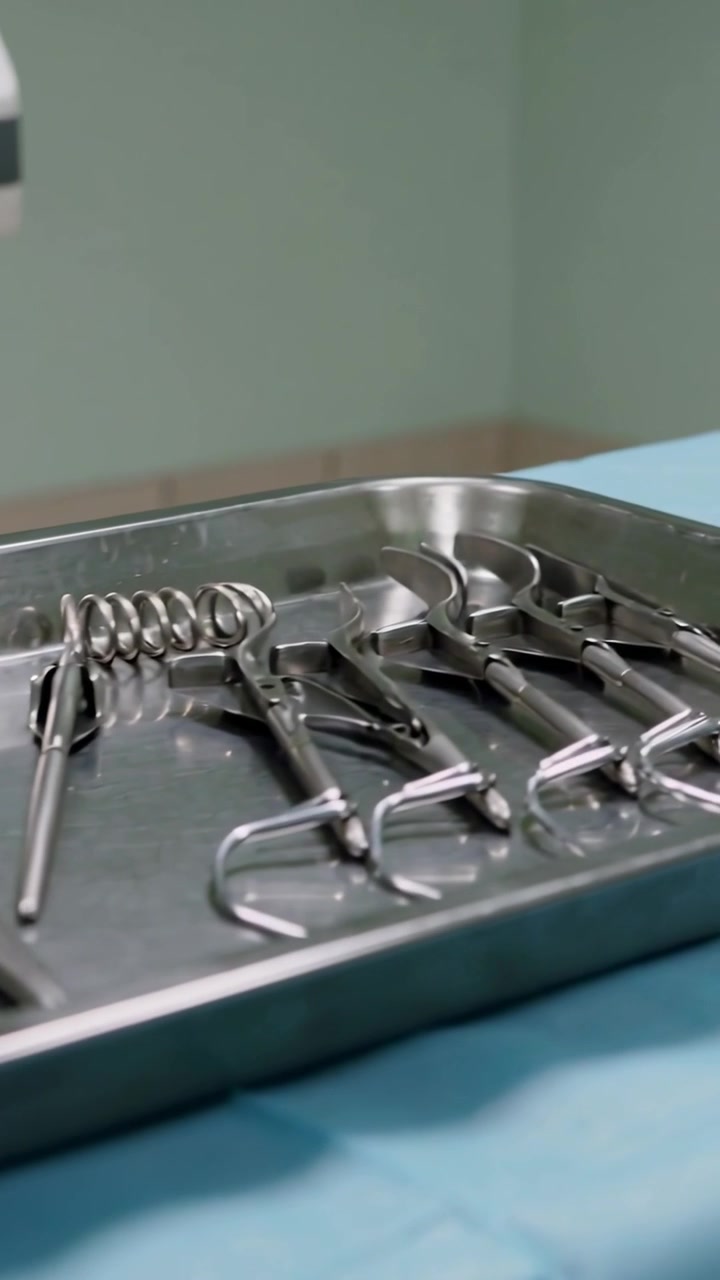 Vídeo vertical: Câmera fazendo panorâmica para a direita revelando bandeja de instrumentos em mesa de preparação mostrando configuração estéril
