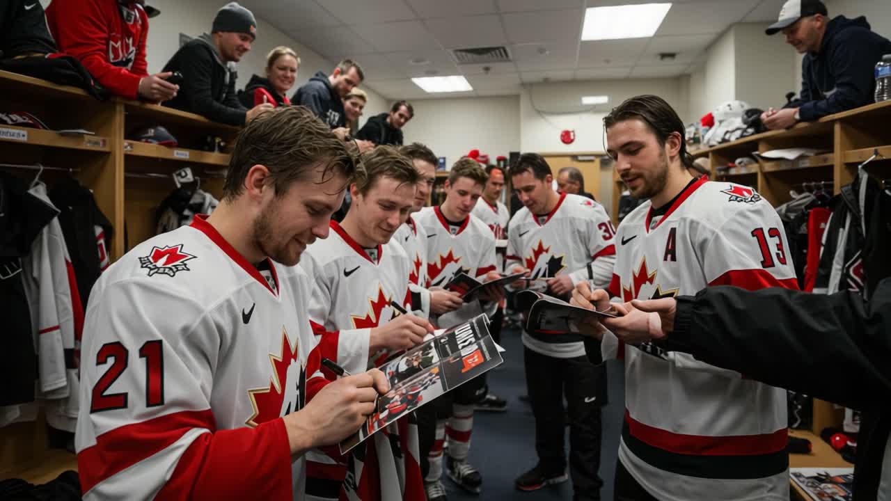 Celebrating Team Spirit: Hockey Players Interact and Create Lasting Memories as They Sign Autographs and Engage with Fans in the Locker Room Environment