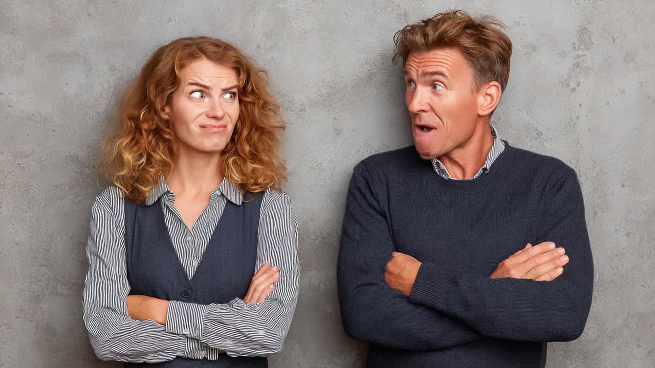 Dynamic Interaction Between Two Individuals Showcases Varied Emotions and Expressions, Highlighting Their Unique Perspectives and Connection Through Body Language