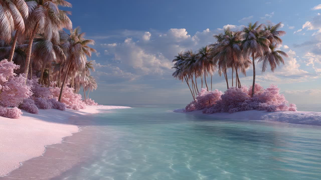 A Serene Tropical Paradise with Pink Sands and Lush Palm Trees Under a Cloudy Sky, Captured in Two Frames to Showcase Nature's Tranquil Beauty