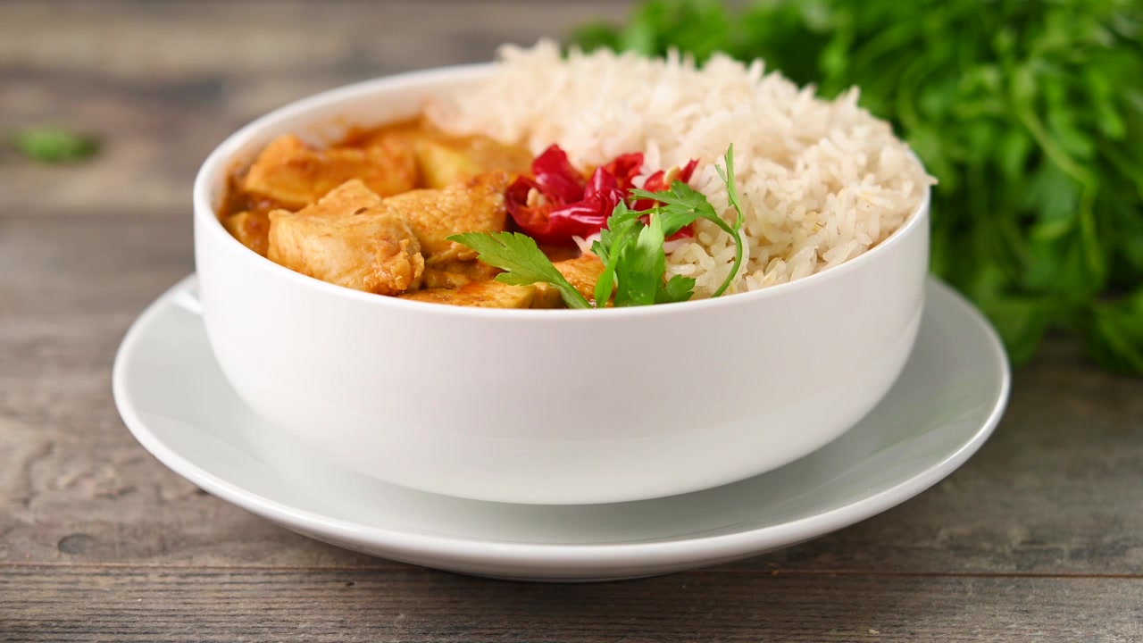 Una persona posiziona una ciotola di pollo al curry e riso su un tavolo di legno
