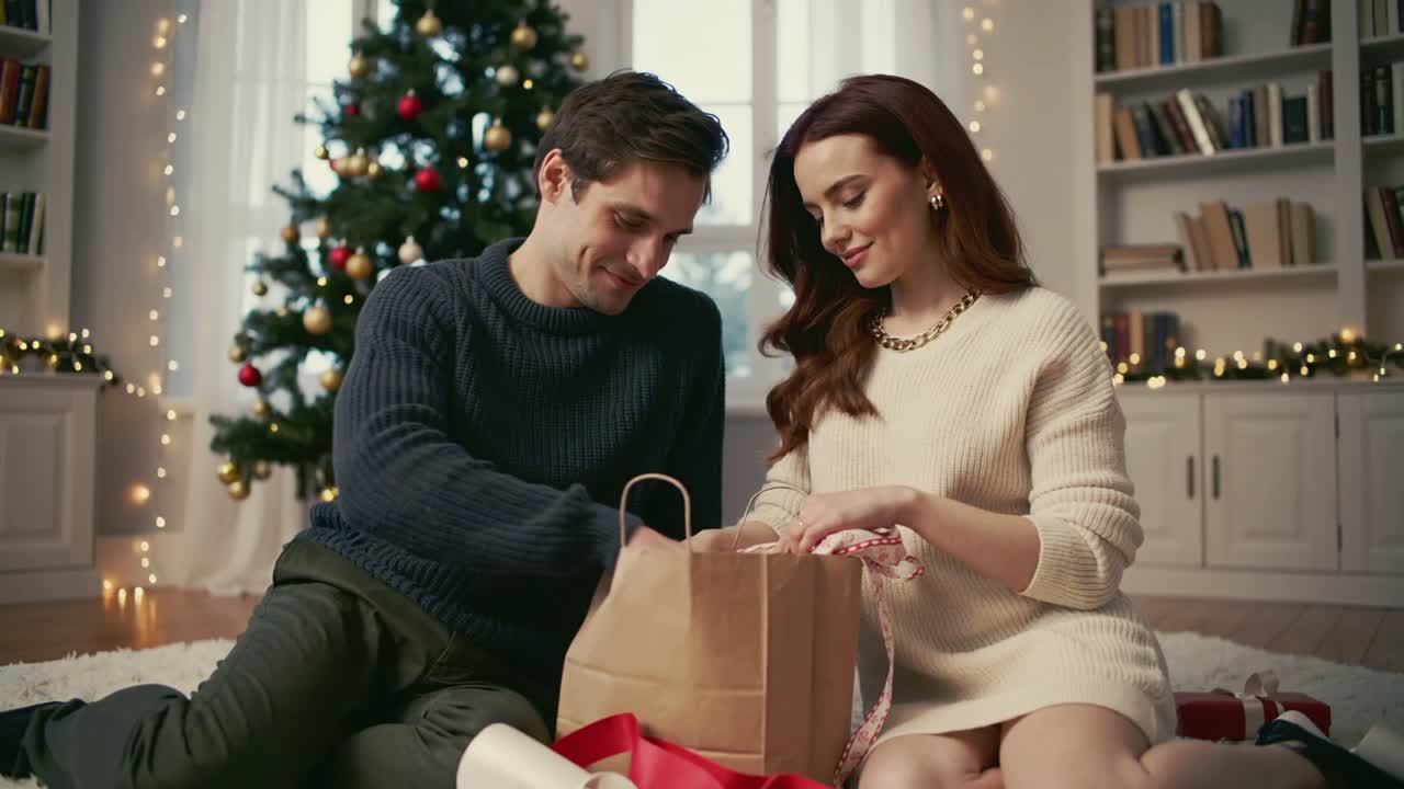 Reaching into bag, man offering red box to woman in cream sweater at home for Christmas