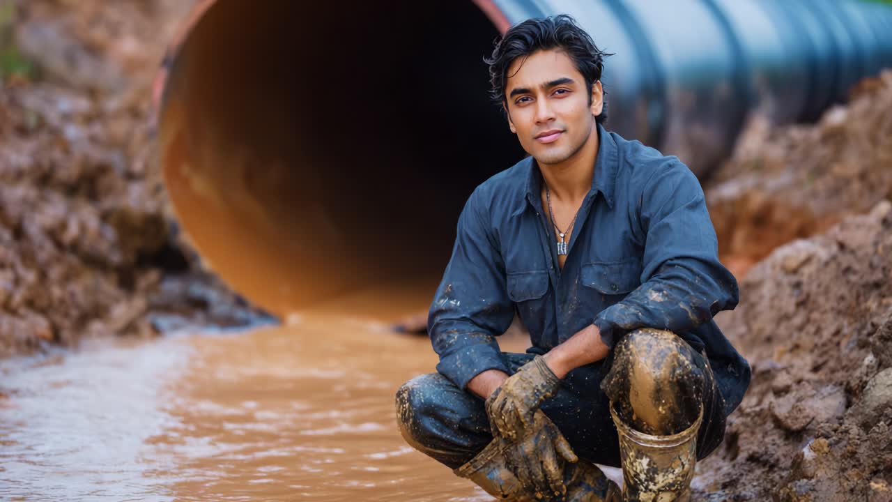 A determined young man poses confidently in front of an underground drainage pipe, showcasing his resilience and hard work while surrounded by muddy terrain in a construction site environment