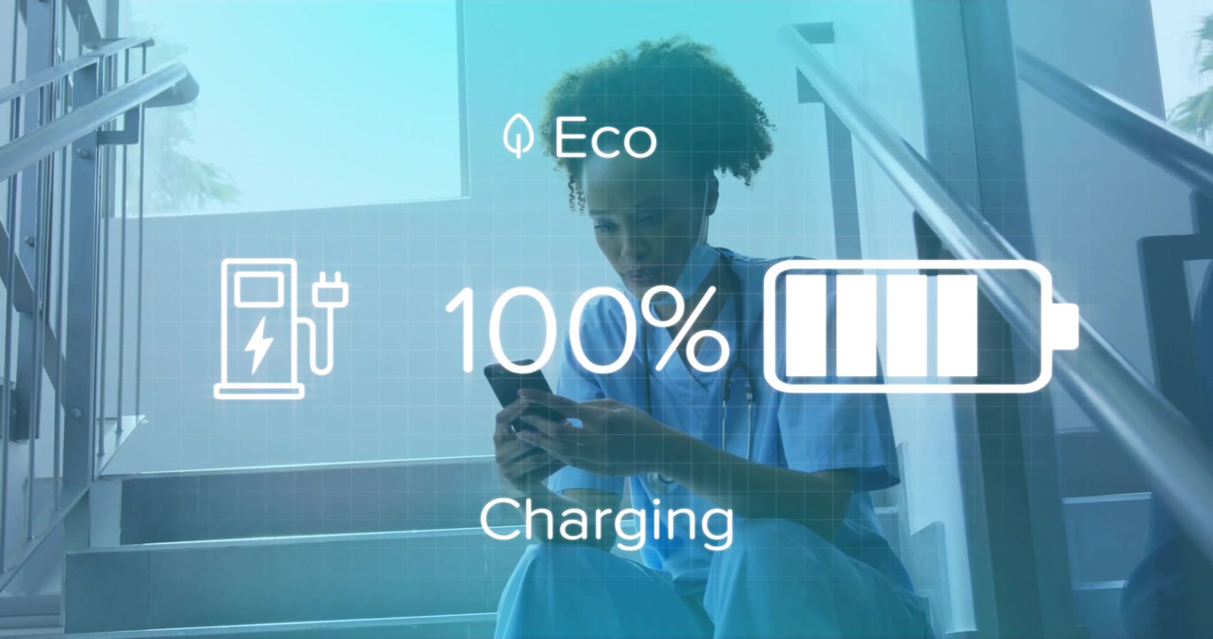 Woman tapping smartphone initiating eco tech charging overlay tracking battery rising then dropping