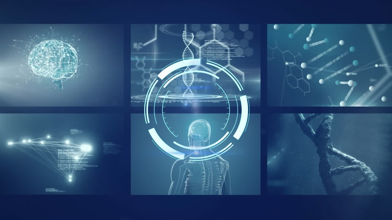 검은색 배경에 dna 줄을 가진 데이터 처리에 대한 범위 스캔의 애니메이션