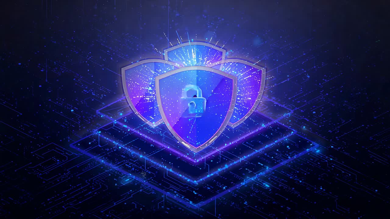 Expanding trio of shields with padlock reacting to platform pulse in cyber scene, neon sparks
